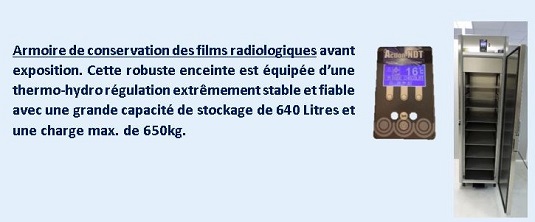 Armoire de conservation des films radiologiques avant exposition. Cette robuste enceinte est équipée d’une thermo-hydro régulation extrêmement stable et fiable avec une grande capacité de stockage de 640 Litres et une charge max. de 650kg.