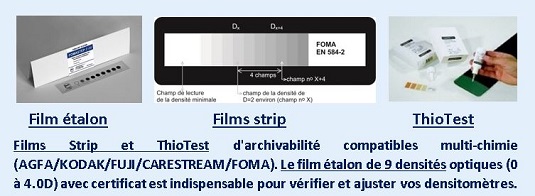 Films Strip et ThioTest d'archivabilité compatibles multi-chimie (AGFA/KODAK/FUJI/CARESTREAM/FOMA). Le film étalon de 9 densités optiques (0 à 4.0D) avec certificat est indispensable pour vérifier et ajuster vos densitomètres.