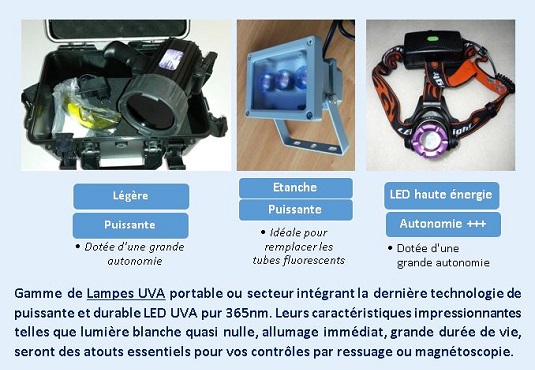 Gamme de Lampes UVA portable ou secteur intégrant la dernière technologie de puissante et durable LED UVA pur 365nm. Leurs caractéristiques impressionnantes telles que lumière banche quasi nulle, allumage immédiat, grande durée de vie, seront des atouts essentiels pour vos contrôles par ressuage ou magnétoscopie.